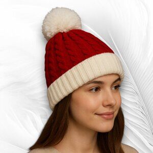 NEW Red Knit Winter Hat with White Trim and Pom-Pom